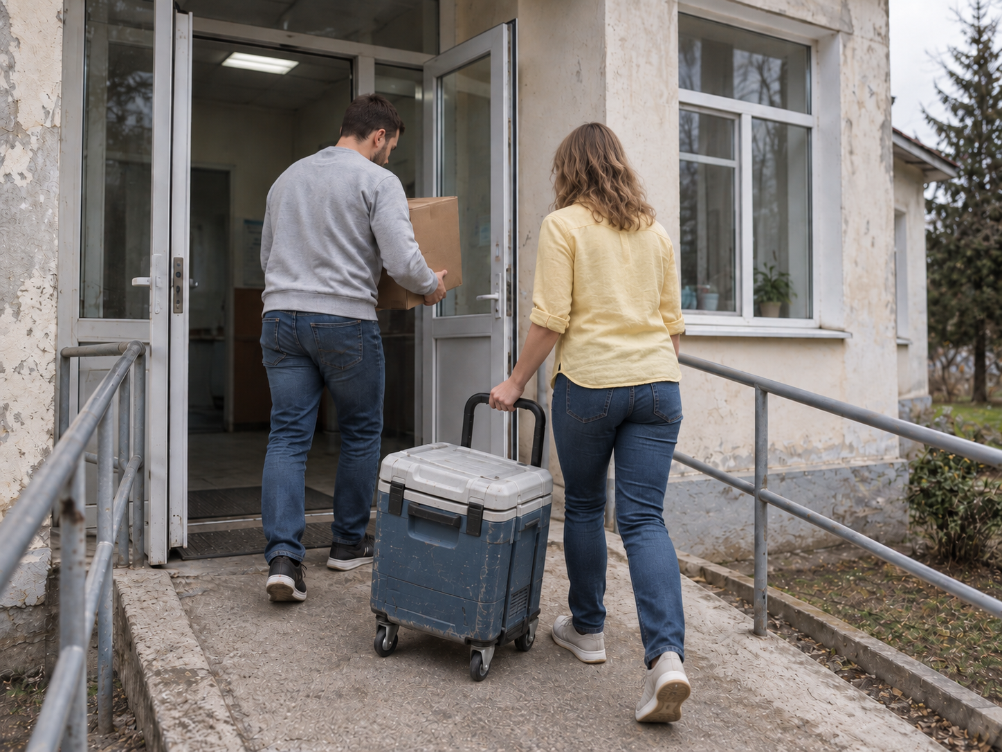Care4Ukraine volunteers bringing a refrigerated medication cooler into a rural clinic