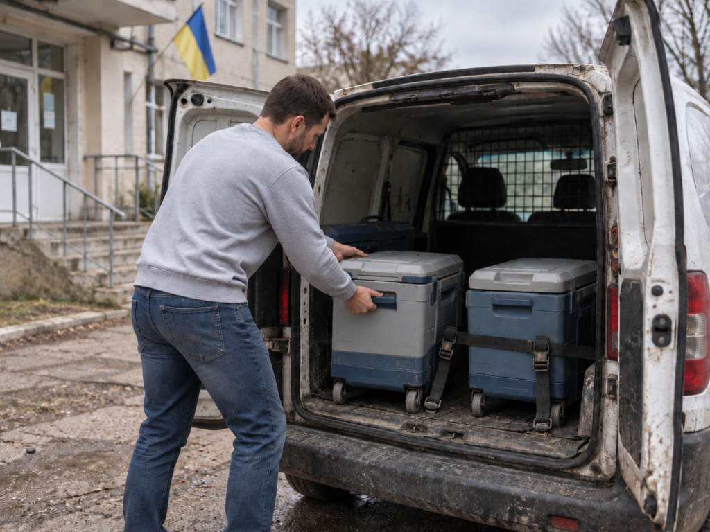 Volunteer loading battery-operated refrigerated medication coolers into a van for rural delivery in Ukraine