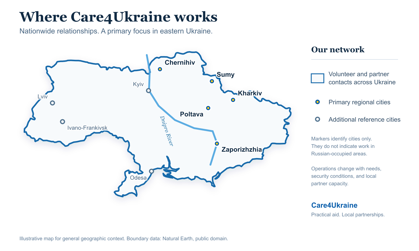 Map of Ukraine marking primary eastern focus cities and the additional reference cities Kyiv, Lviv, Odesa, and Ivano-Frankivsk; no territory is shaded.