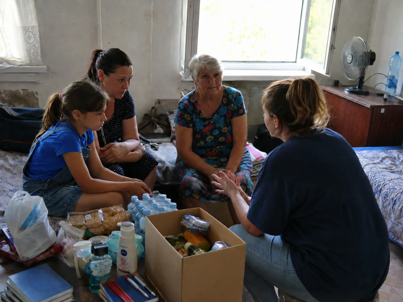 A volunteer speaking with a family during a community support visit in Ukraine, with hygiene and food supplies nearby.