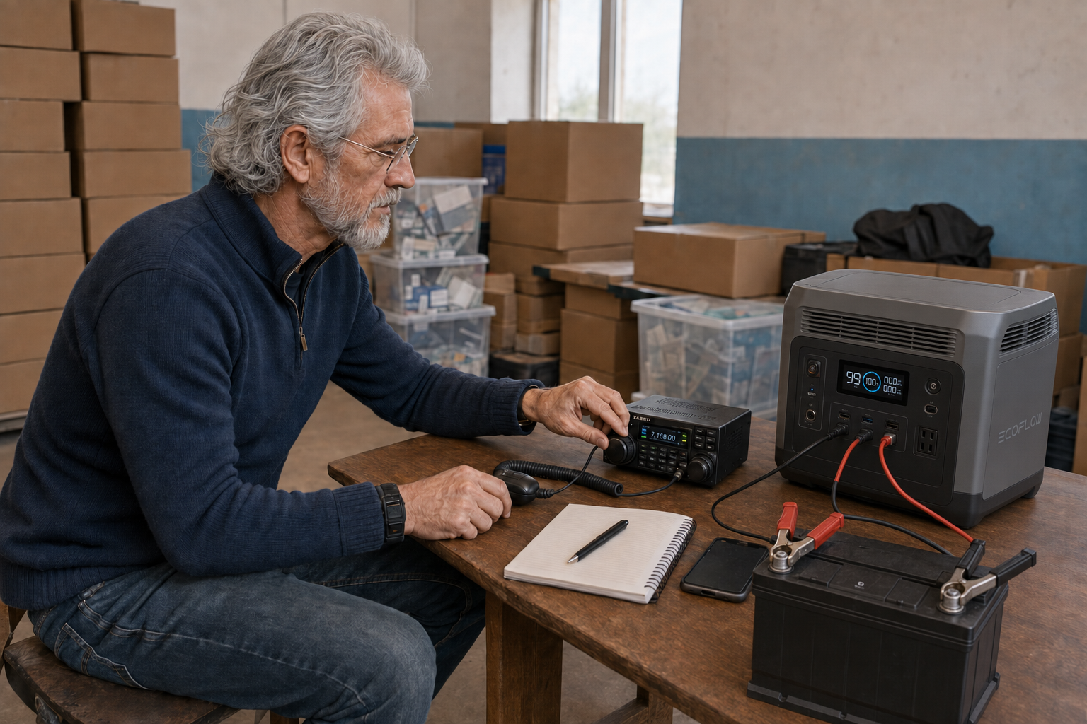Joseph monitors a Yaesu shortwave radio powered by an EcoFlow solar generator while a car battery charges.