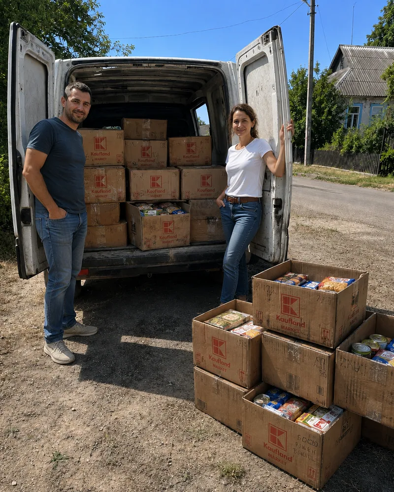 Two volunteers beside a van filled with boxes of food aid for delivery in Ukraine.