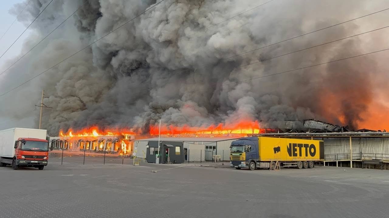 A large warehouse fire disrupts transport and supply routes in Ukraine.
